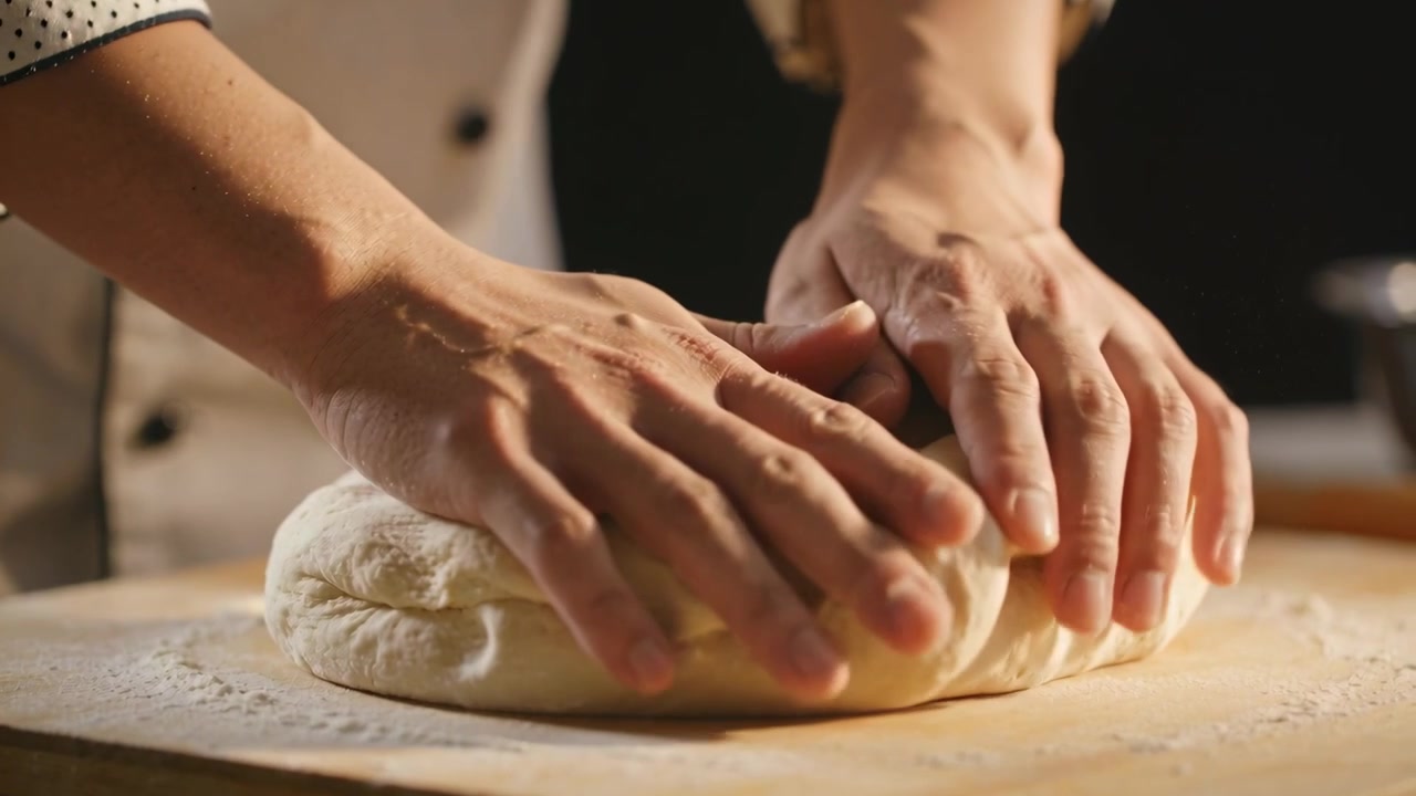 Mani che si allungano, un panettiere in divisa da chef bianca piega e modella l'impasto da infornare su un tagliere infarinato.