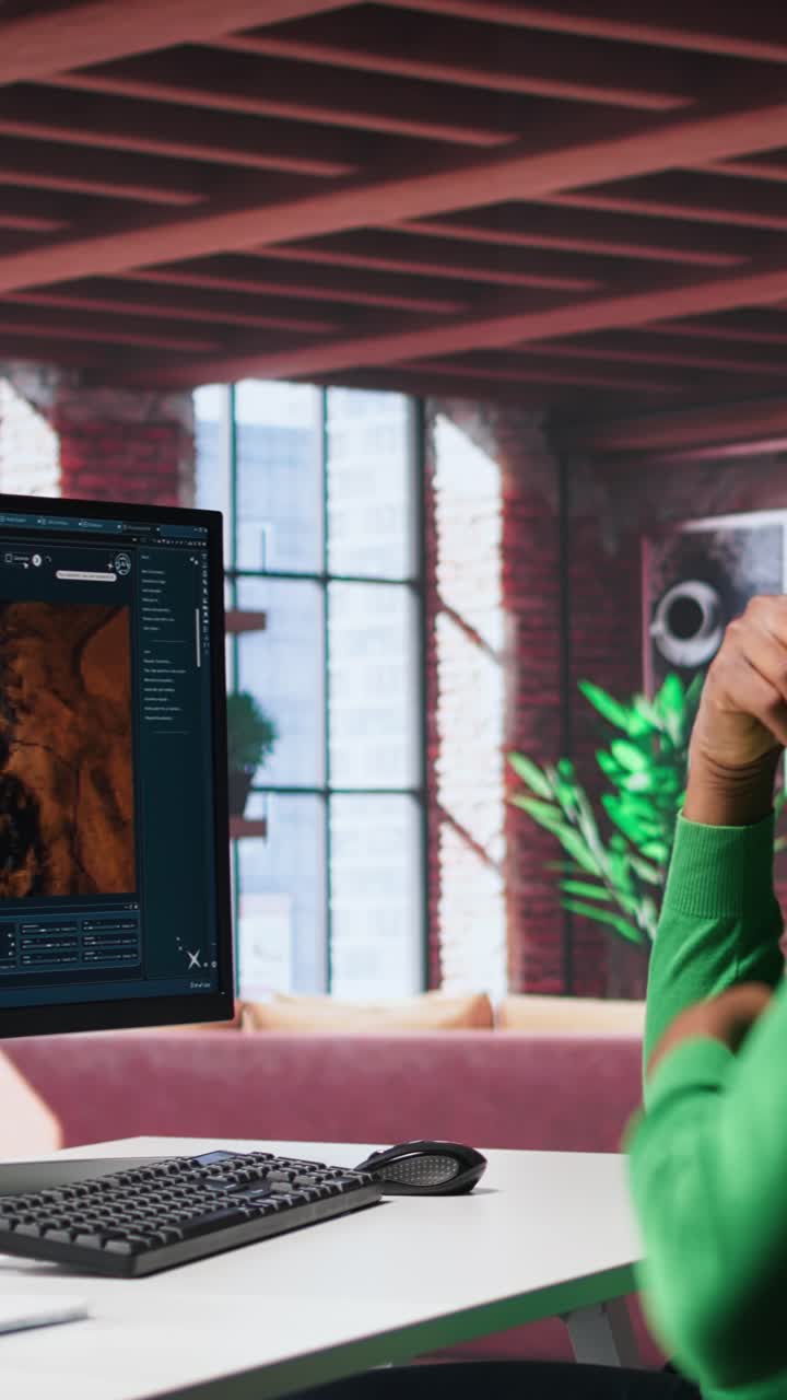 Vertical Video African american guy exploring generative AI art and deep learning visuals