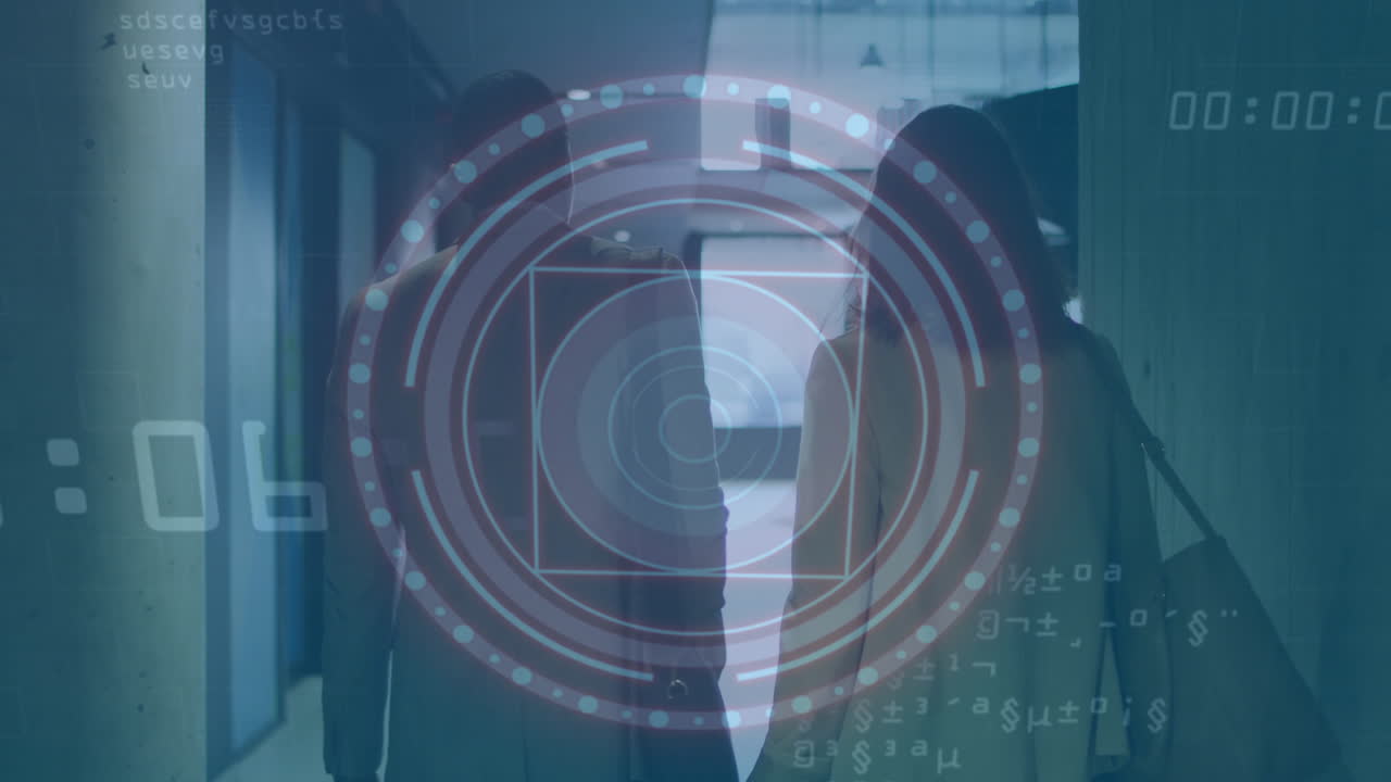 Man and woman walking down office hallway, showing tech HUD overlay with concentric circles