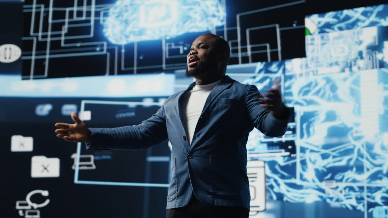 Tech savvy black male engineer reviewing big data AI brain