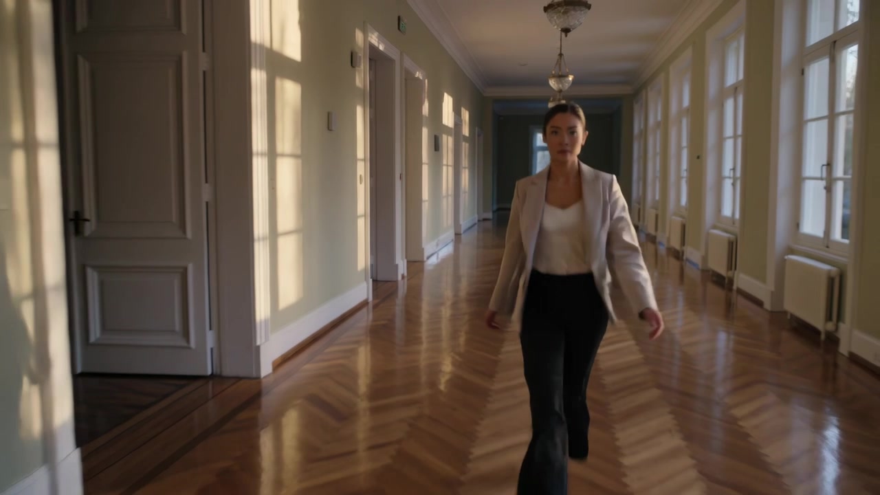 Entrando nel corridoio, una donna asiatica in blazer e pantaloni si dirige a grandi passi verso la telecamera lungo il corridoio in parquet.
