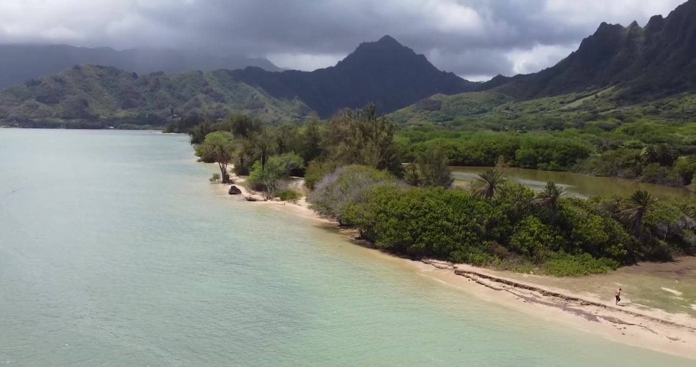 Vista aerea della spiaggia e delle montagne di Oahu, Hawaii.