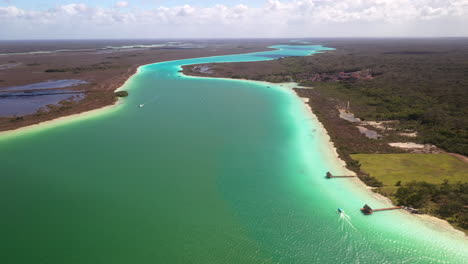 wide drone shot of turquoise waters in bacalar mexico