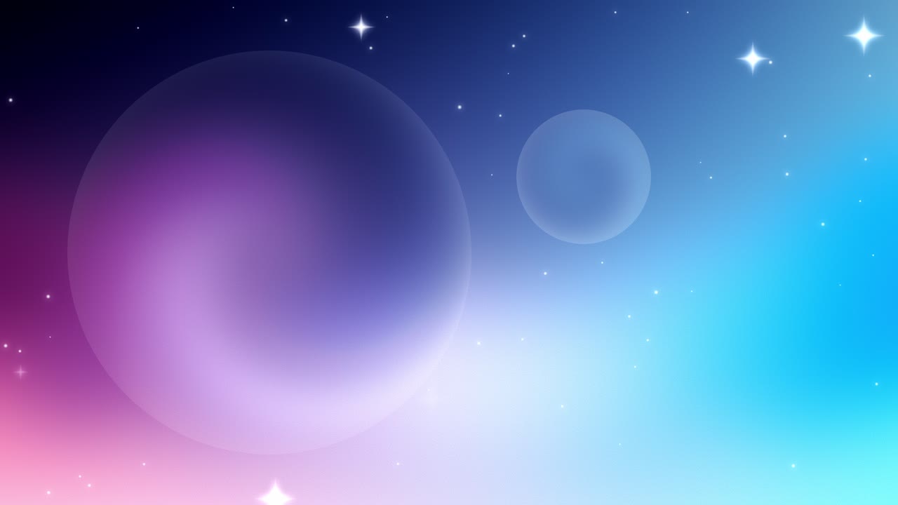 ソフトな青と赤のパステル背景に輝く星空のアニメーションを重ね、遠くの惑星とその衛星のシルエットがゆっくりとシーンに現れます。