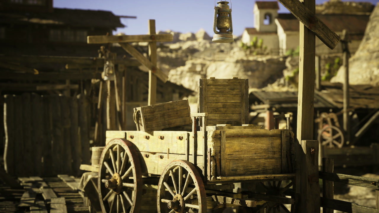 Sunkissed wooden vehicle resting at remote outpost with shadowed storefronts
