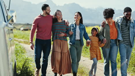happy family, smile and together on walk