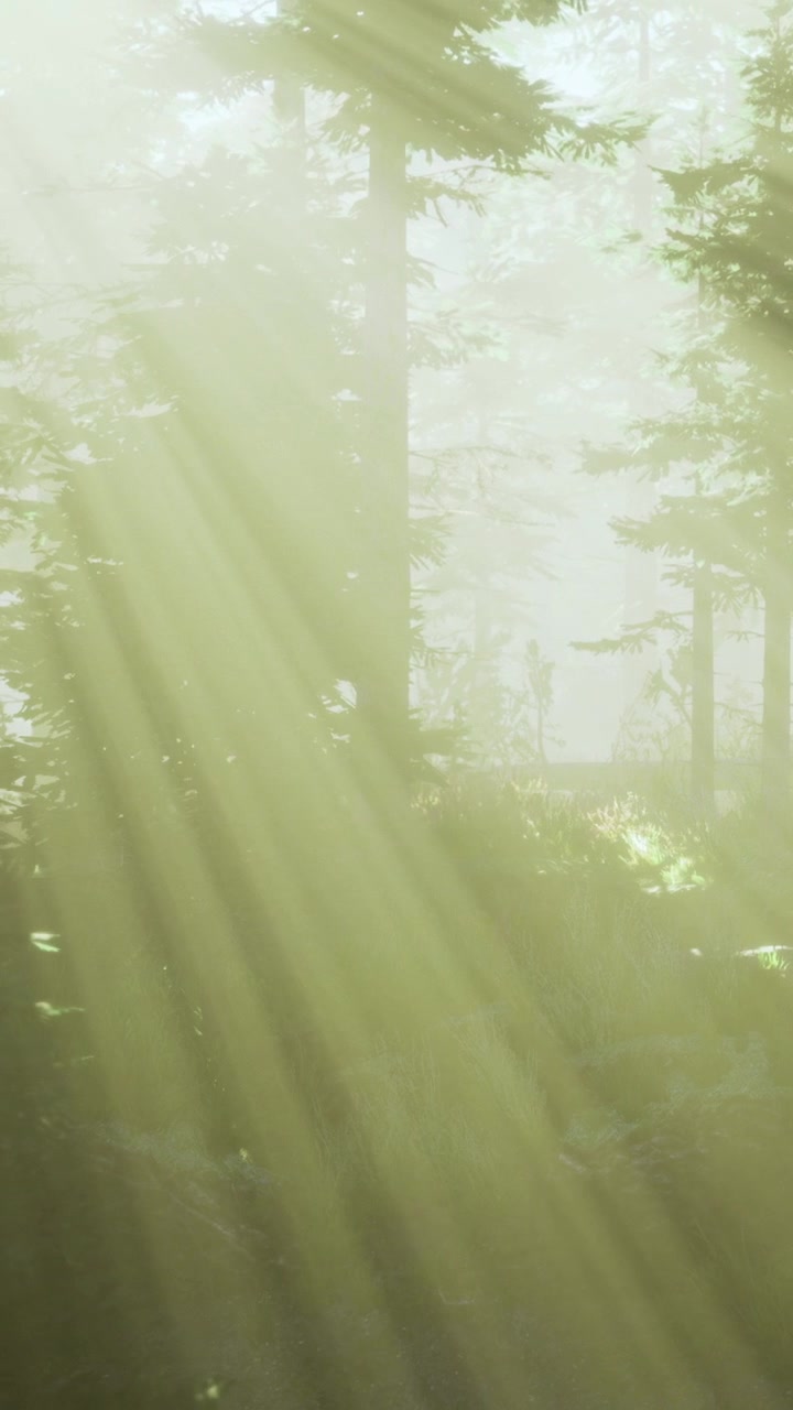 Bright sunlight streams through trees in a misty forest setting