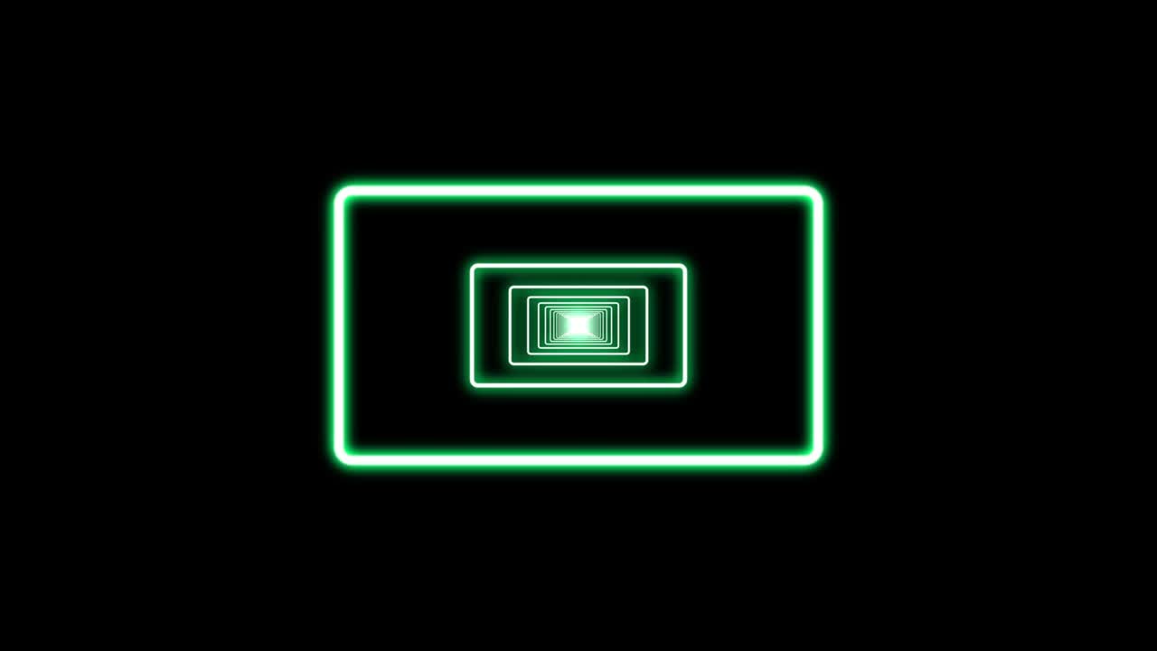 추상적인 녹색 사각형 라인 네온과 검은색 배경, 터널의 전면 뷰, 자외선, 반이는 라인, 가상 현실, 원활한 루핑 애니메이션