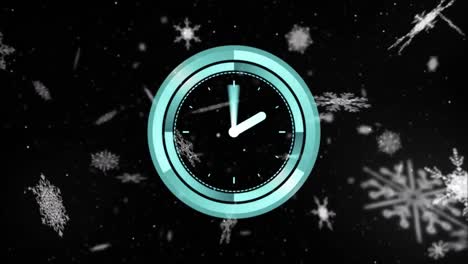 Animation-of-clock-with-moving-hands-over-snow-falling-on-black-background