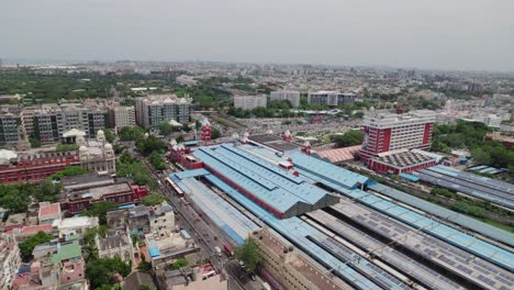 chennai central railway station chennai suburban terminal with rajiv gandhi government general hospital in periament, kannappar thidal, chennai, tamil nadu. daytime push in drone shot