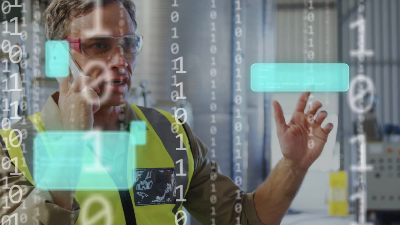 Plant operator speaking on phone and gesturing, phone call initiating teal AR panels for operations