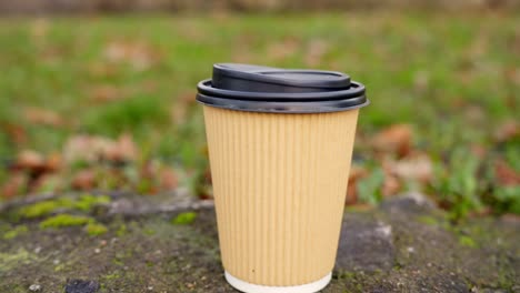 taza de café de plástico en el parque, contaminación de la taza de bebida usada