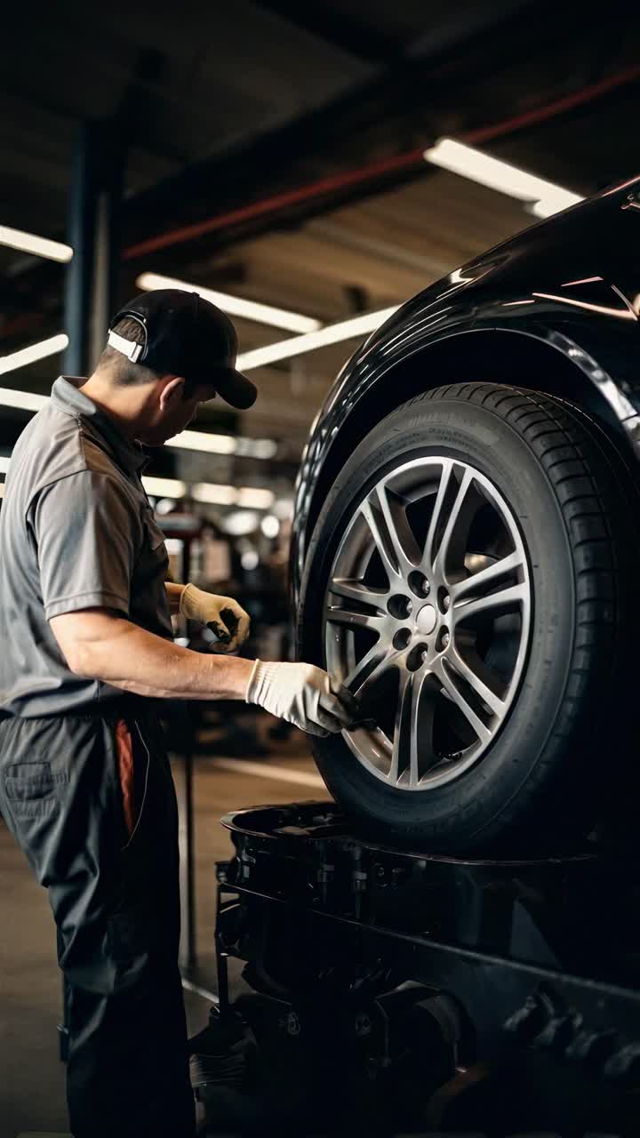 Mechanic inspects car tire in a garage, captured from a low-angle shot