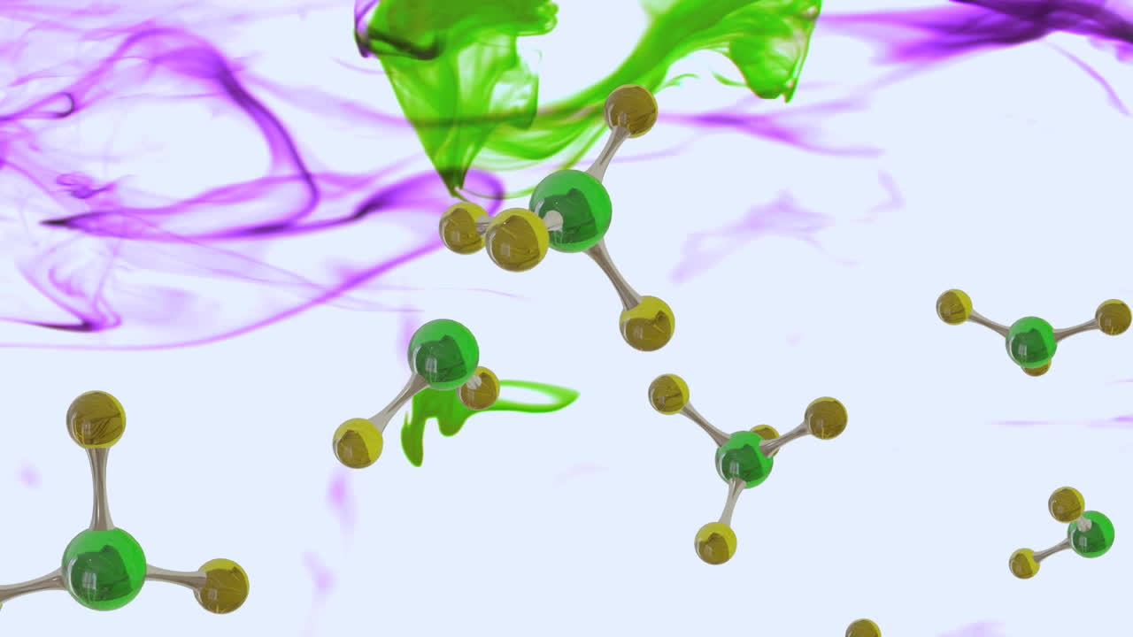 보라색 배경 위에 분자의 마이크로 모델의 애니메이션