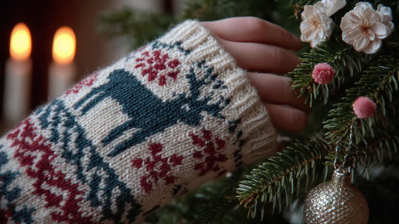 Delicate Hands Adorning a Christmas Tree with Elegant Ornaments and Festive Decorations, Illuminated by Soft Candlelight in the Background