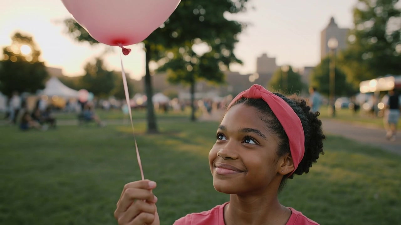 Tenendo un palloncino rosa, bambino con maglietta corallo sorride guardando la brezza sollevare il palloncino in una fiera al parco