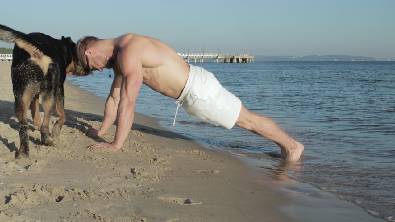 perro juguetón interrumpe a su dueño mientras intenta hacer ejercicio en la playa