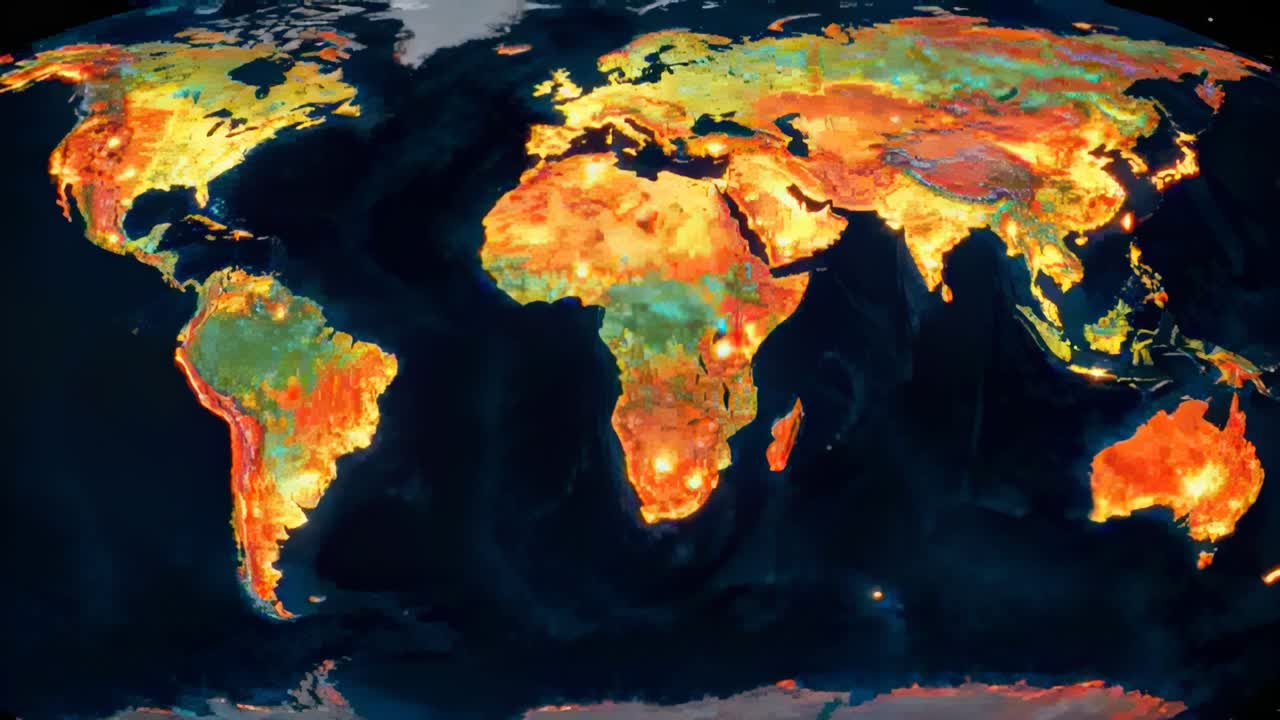 Visualizzazione di una mappa equirettangolare con picchi di colore pulsanti su uno sfondo oceanico scuro, che reagisce all'aggiornamento dei dati.