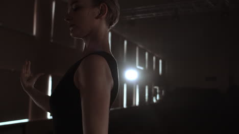 graceful woman ballerina in a dark dress on a dark stage of the theater in the smoke performs dance moves in slow motion.