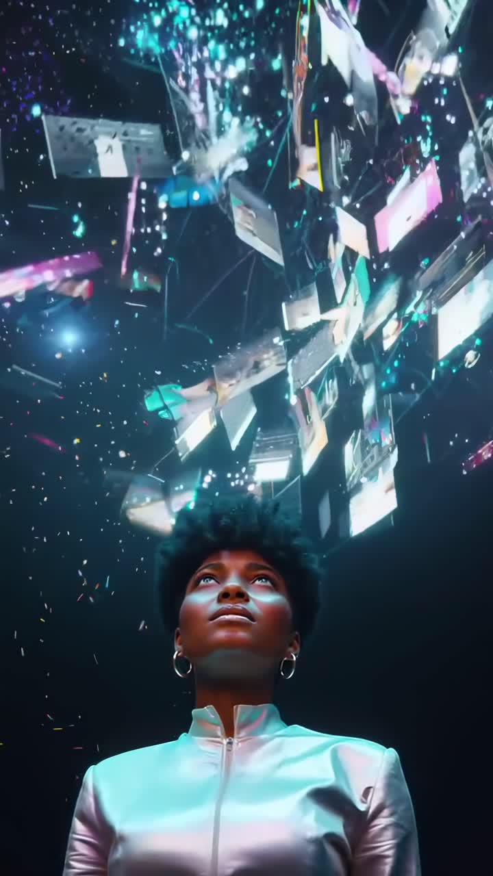 A futuristic video concept with a low-angle view of a woman gazing at floating digital screens