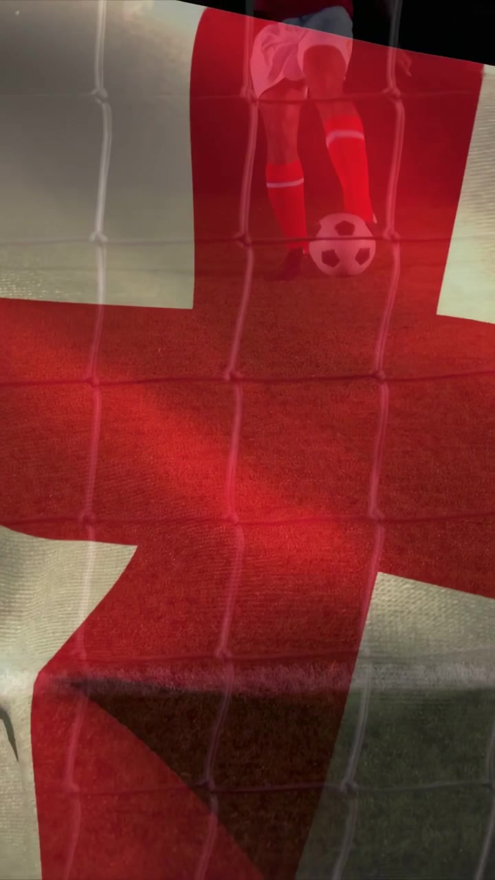 Vertikales Video: Animierter Fußballspieler tritt, Flagge weht und Netz enthüllt Ball für Sportinhalte.
