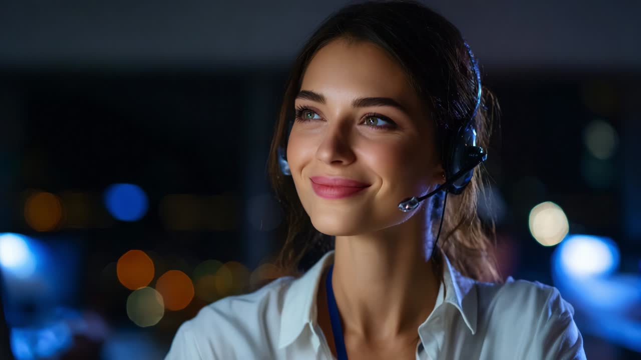 En fokusert og engasjert kundesupport-representant, iført et headset, viser en profesjonell oppførsel mens vedkommende kommuniserer med kunder i et moderne, godt opplyst kontormiljø, noe som viser dedikasjon og profesjonalitet.