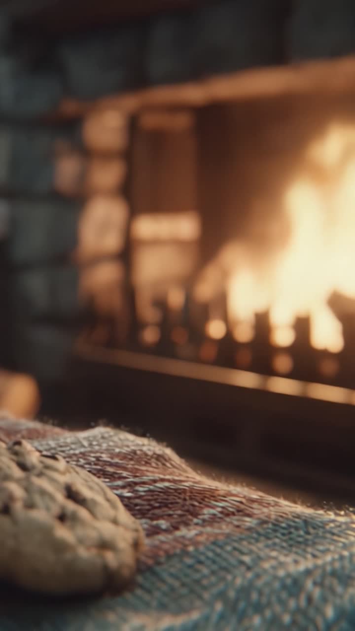 Un momento accogliente accanto al camino: biscotti caldi e una fiamma tremolante creano un'atmosfera perfetta per il relax e il comfort in una notte fredda.