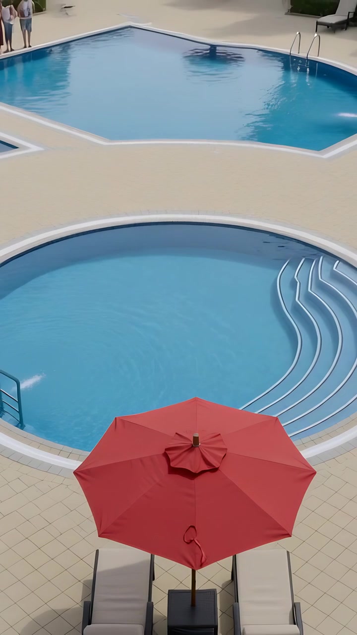 Vertikal video: Kameraet trækkes tilbage og afslører en rød parasol ved poolen, viser to personer i badetøj