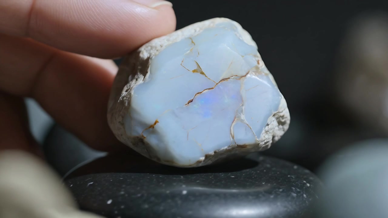 Opale azzurro pallido su pietra espositiva nera su tavolo in penombra, una mano lo inclina per rivelare il riflesso