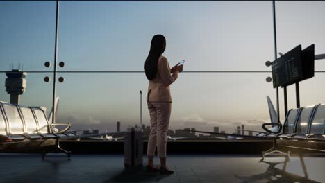 full body back view of asian businesswoman with rolling suitcase in boarding lounge of airline hub, using smartphone while waiting for flight, airport terminal with airplane takes off outside the window