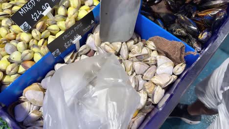 customer scooping clams into a plastic bag