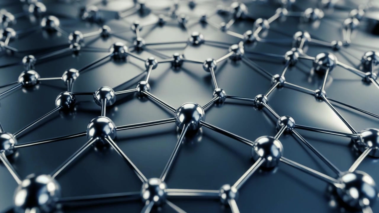 Abstract 3D Animation of Interconnected Metallic Spheres and Links
