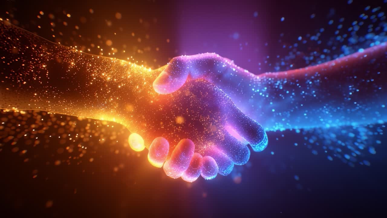 A Symbolic Representation of Unity and Collaboration Illustrated Through a Creative and Colorful Handshake, Signifying Connection, Trust, and a Bright Future Full of Possibilities in an Artistic Fantasy Setting