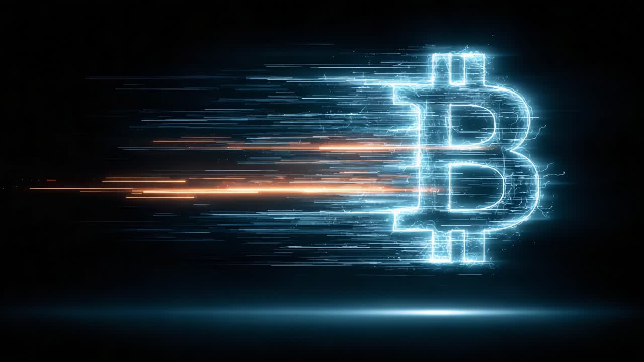 Dynamic Representation of Cryptocurrency Innovation: A Glowing Bitcoin Symbol in Motion, Illustrating the Speed and Evolution of Digital Currency Transactions