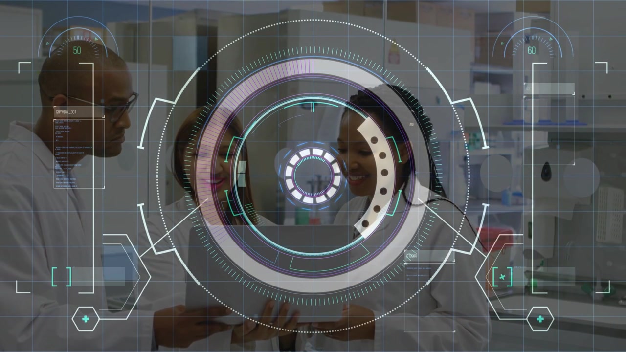 Vertical video: Reacting to HUD three staff in lab coats reading paper at lab bench checking data