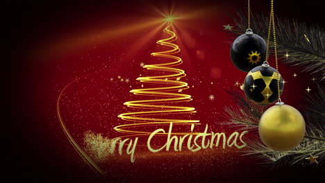 swinging black and gold baubles over spiraling shooting star and merry christmas text