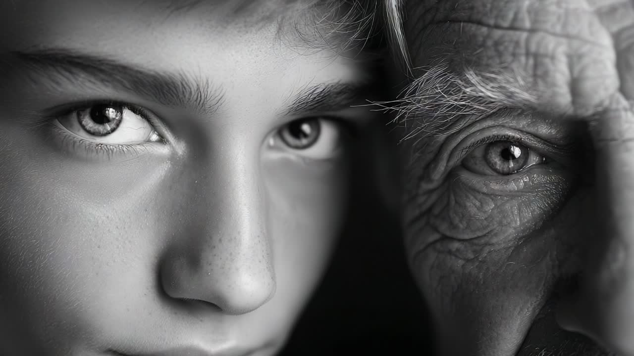 A Heartfelt Connection Captured in Black and White: Exploring the Intense Gaze of a Young Boy and an Elderly Man, Showcasing Generational Bonds Through Expressive Eyes and Emotive Portraits
