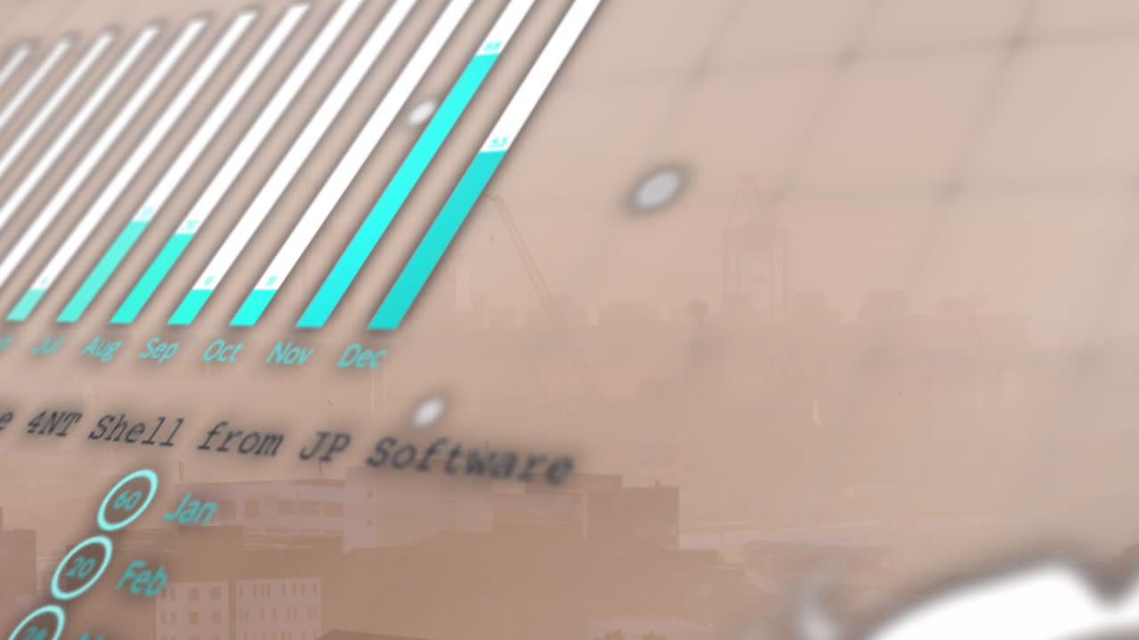 Animation of statistical data processing against aerial view of cityscape
