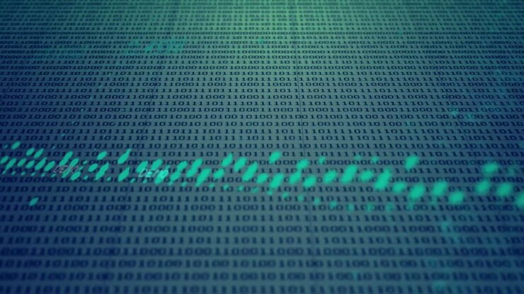 Animation of data processing over binary coding against blue background