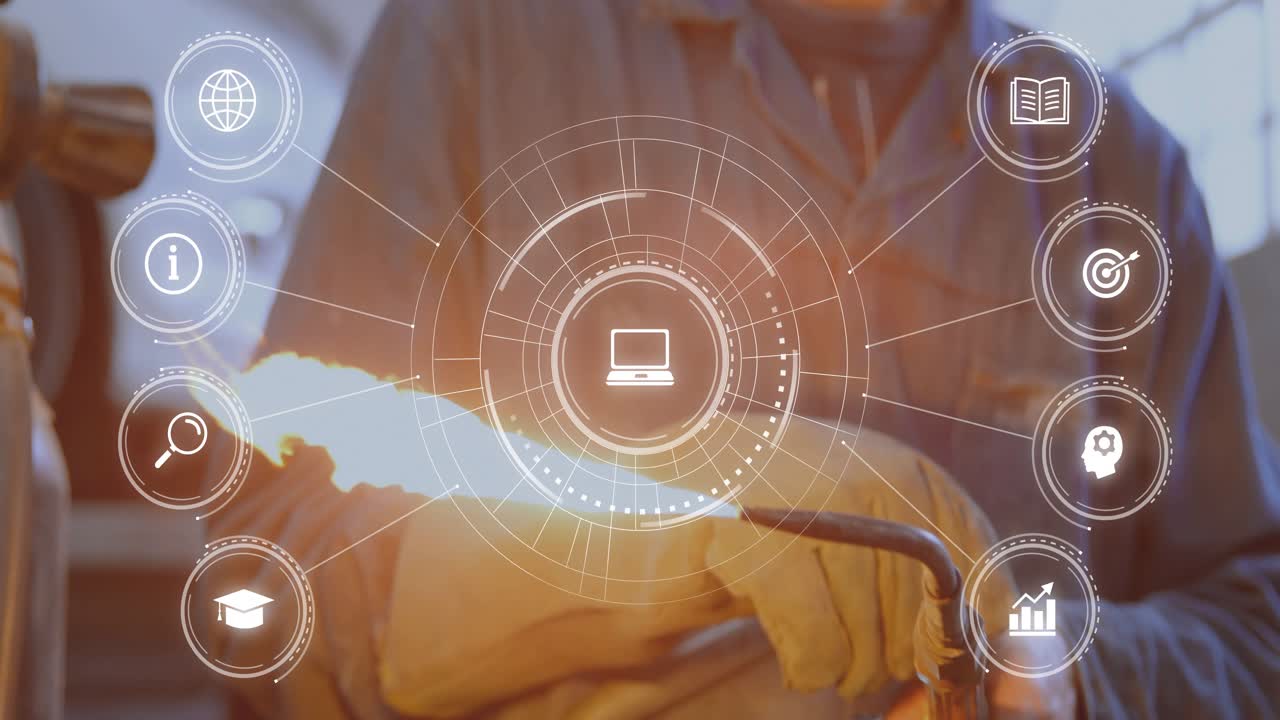 Welder hands inserting rod, sparking flame and activating data overlay for monitoring performance