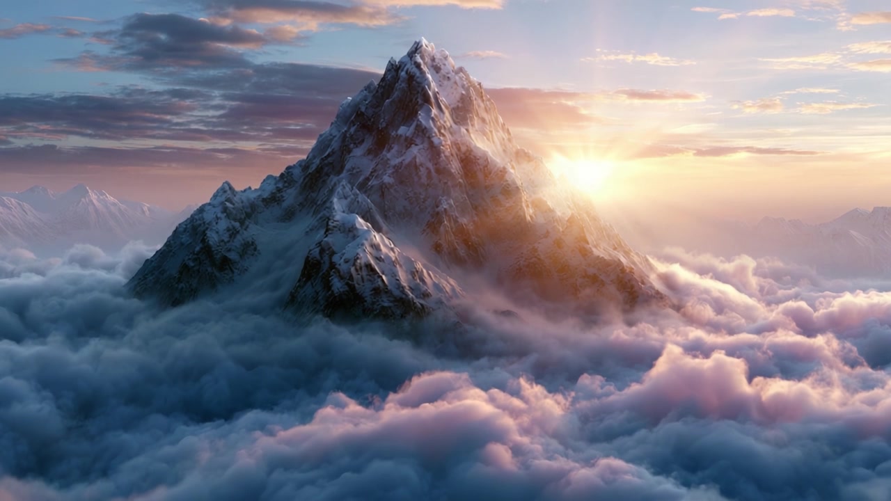 Puncak Gunung Megah Bermandikan Cahaya Matahari Terbit Keemasan di Atas Lautan Awan, Mengabadikan Keindahan Keagungan Alam dalam Lanskap yang Memukau