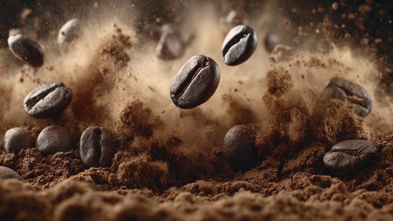 Dynamic Explosion of Coffee Beans Creating a Rich Cloud of Ground Coffee and Dust, Capturing the Intense Aroma and Texture of Freshly Ground Coffee in Motion