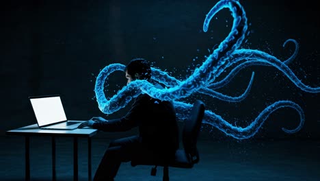 mysterious figure interacts with a glowing entity in a dark room, exploring creativity through technology
