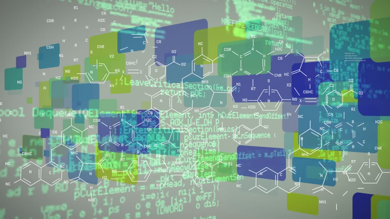 Animation of chemical formulas and data over grey background with rectangles
