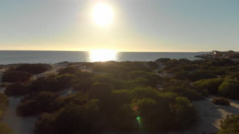 paisaje de playa al atardecer con dunas de arena