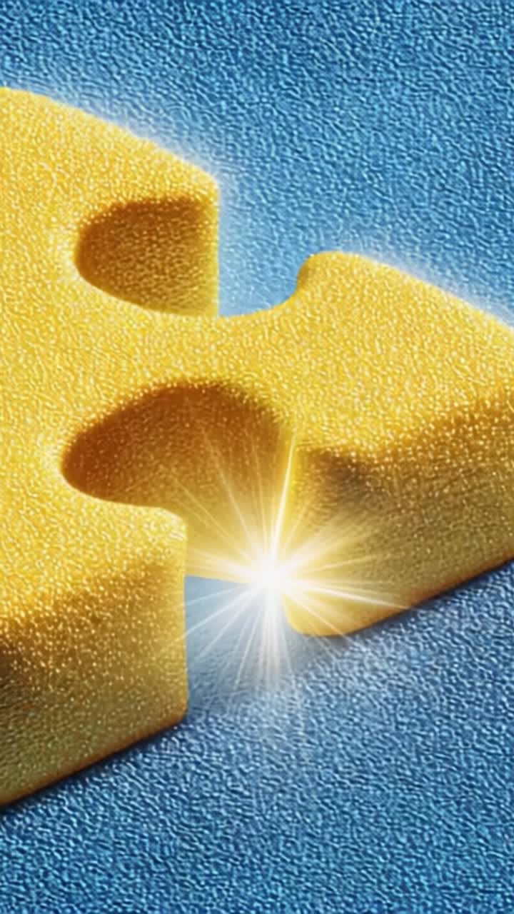 Una vista de cerca de dos piezas de rompecabezas amarillas con una luz brillante en medio, simbolizando conexión y unidad contra un fondo azul brillante