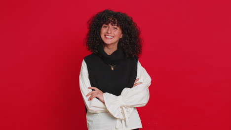 happy caucasian young woman smiling looking at camera dreaming, resting, good news feel satisfied