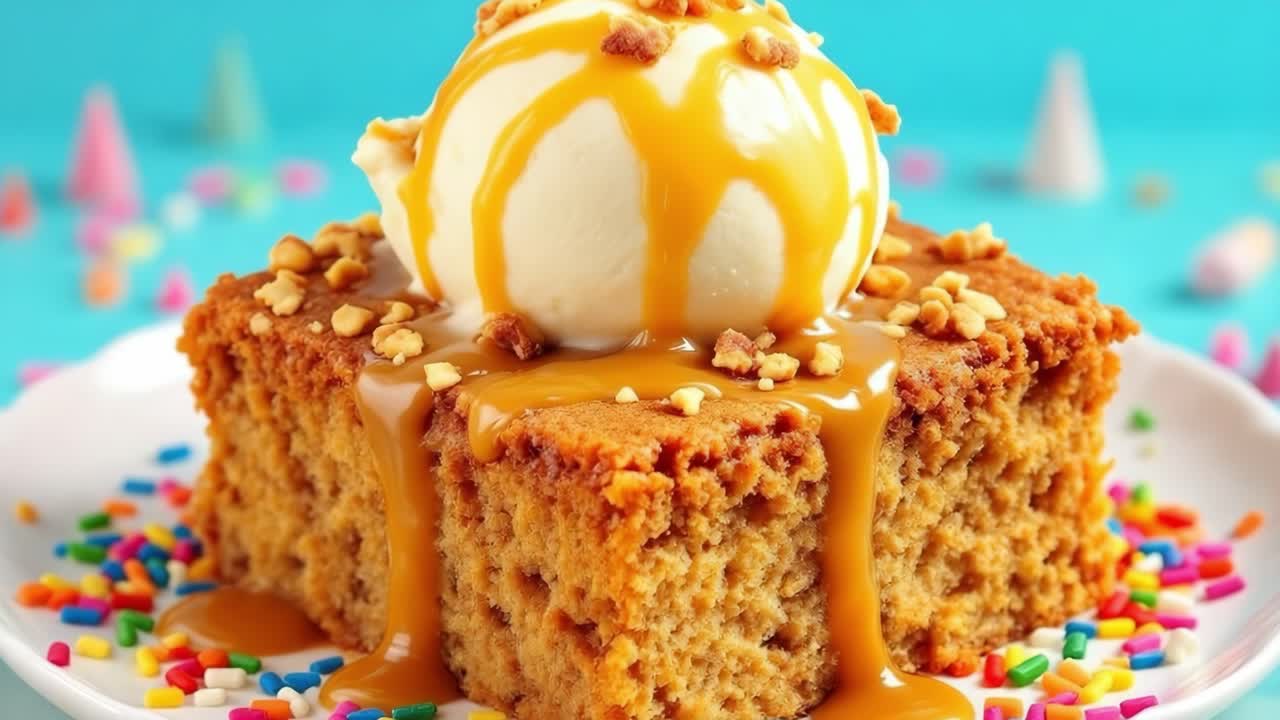 Warm cake served on a plate, topped with a scoop of vanilla ice cream and drizzled with caramel sauce, surrounded by colorful sprinkles, creating an inviting and indulgent dessert scene