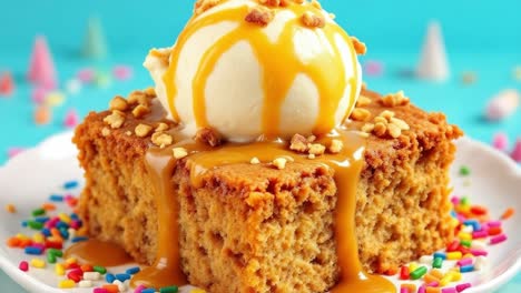 warm cake served on a plate, topped with a scoop of vanilla ice cream and drizzled with caramel sauce, surrounded by colorful sprinkles, creating an inviting and indulgent dessert scene