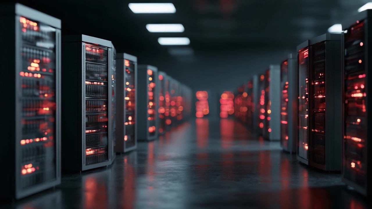A Visual Journey Through a High-Tech Data Center with Rows of Rack Servers Illuminated by Red LEDs, Showcasing Advanced Technology in a Futuristic Environment